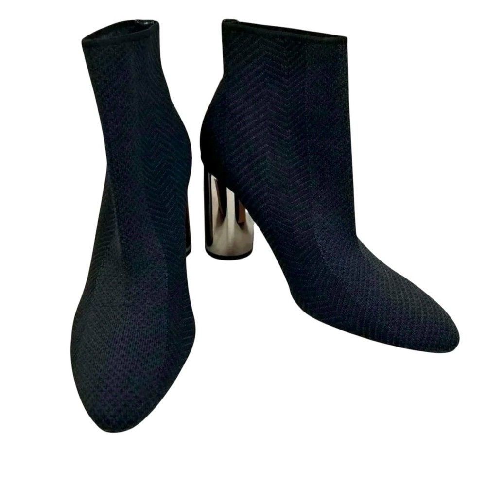 Zara Woman Size 37 Knit Mirror Chrome Heels Black Sock Boots Ankle Booties